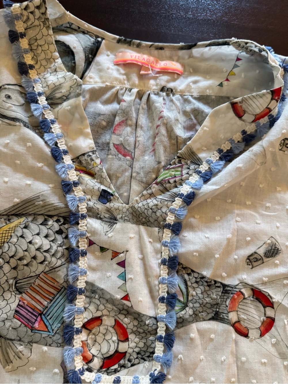 Vilagallo Cream Fish-Print Swim dress Tunic with Blue Trim - Picture 3 of 8